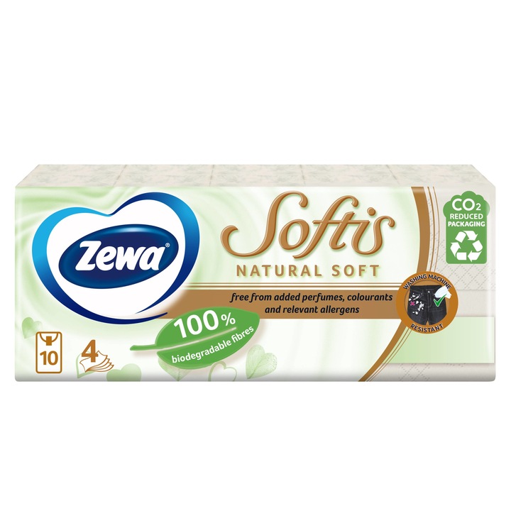 Zewa Softis Natural Soft papír zsebkendő, 4 rétegű, 10 x 9 db