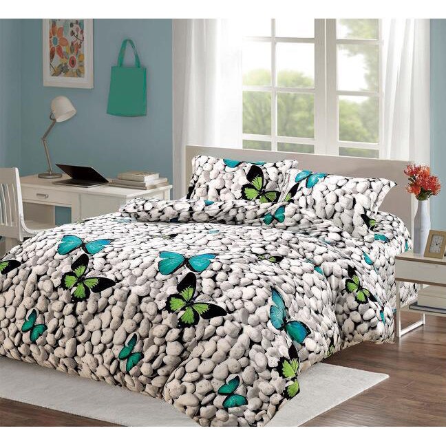 Set lenjerie de pat, Pucioasa, cu fluturi , 2 persoane, 4 piese, bumbac , multicolor