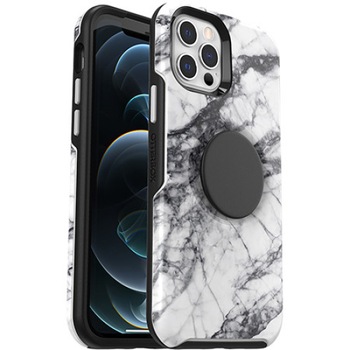 Carcasa Otterbox pentru iPhone 12, cu PopSockets integrat, din policarbonat si cauciuc, alb si negru, rezistanta la socuri si zgaraieturi Carcasa Otterbox pentru iPhone 12, cu PopSockets integrat, din policarbonat si cauciuc, alb si negru, rezistanta la socuri si zgaraieturi