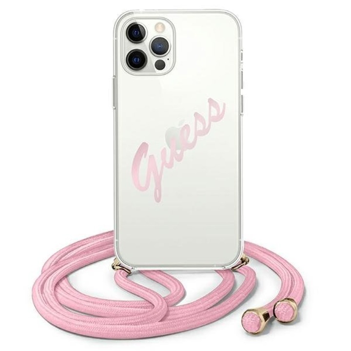 Apple iPhone 12 / 12 Pro Guess Script Vintage Cord Hátlap tok - GUHCP12MCRTVSPI, Átlátszó/Rózsaszín