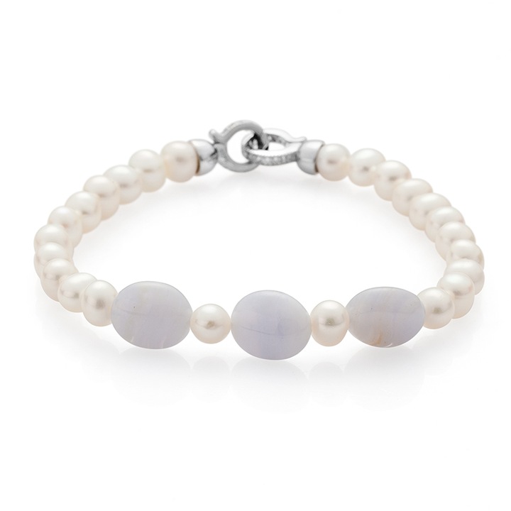 Bratara Swan Pearls RAGATBW, Model perle/agat, Argint/Zirconiu, Alb/Albastru