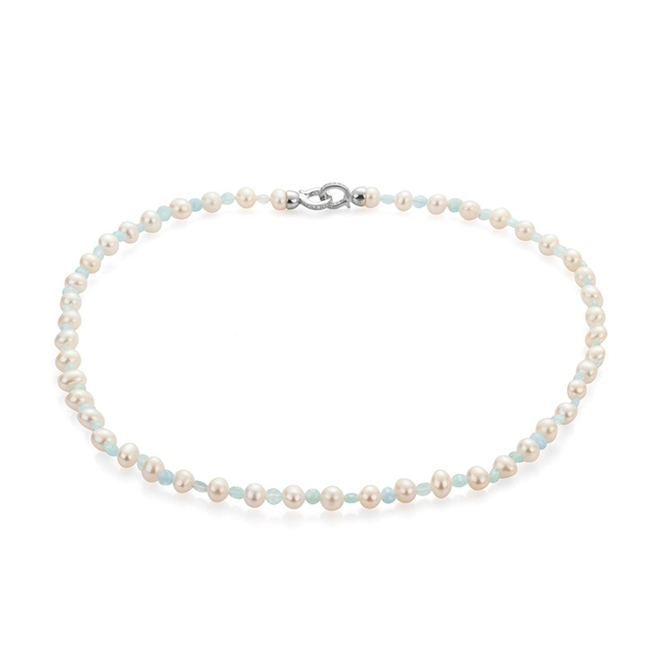 Колие Swan Pearls RAQUANW, С Бели Перли И Аквамарин, Сребро