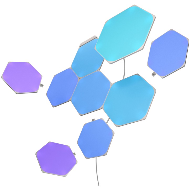 Kit panouri luminoase modulare inteligente Nanoleaf Shapes Hexagons Starter Kit, LED RGBW, Wi-Fi, compatibil iOS/Android, 9 panouri