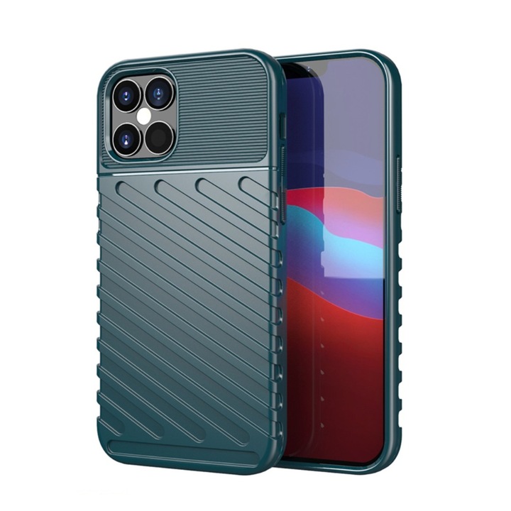 Husa protectie spate carbon pentru iPhone 12 si iPhone 12 Pro, bumper, carcasa, Verde, BBL2038