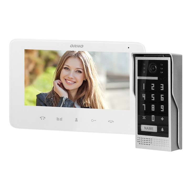 Videointerfon pentru o familie SCUTI ORNO OR-VID-VP-1073/W, color, monitor ultra-plat LCD 7", control automat al portilor, 16 sonerii, functie intercom, tastatura numerica, alb/gri