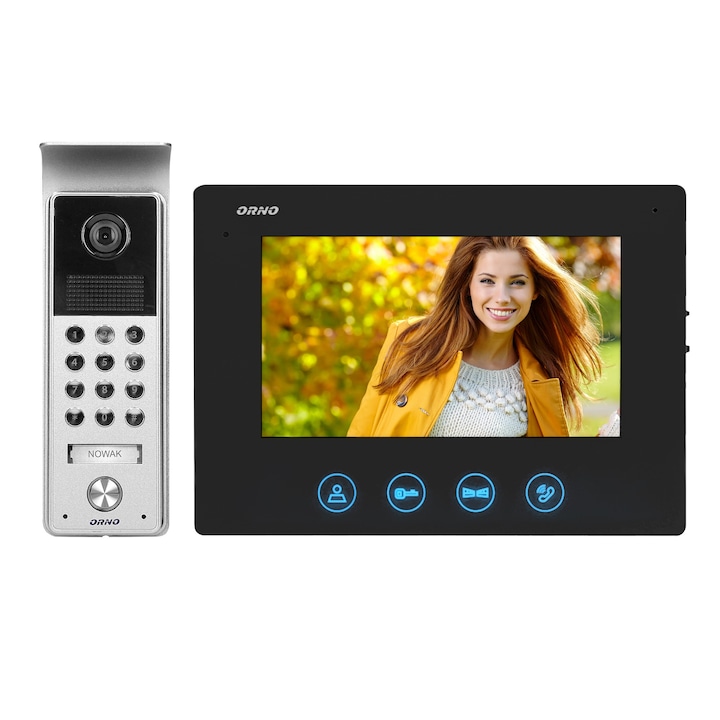 Videointerfon pentru o familie CERES ORNO OR-VID-ME-1056/B, color, monitor ultra-plat LCD 7", control automat al portilor, 16 sonerii, infrarosu, tastatura numerica, negru/gri