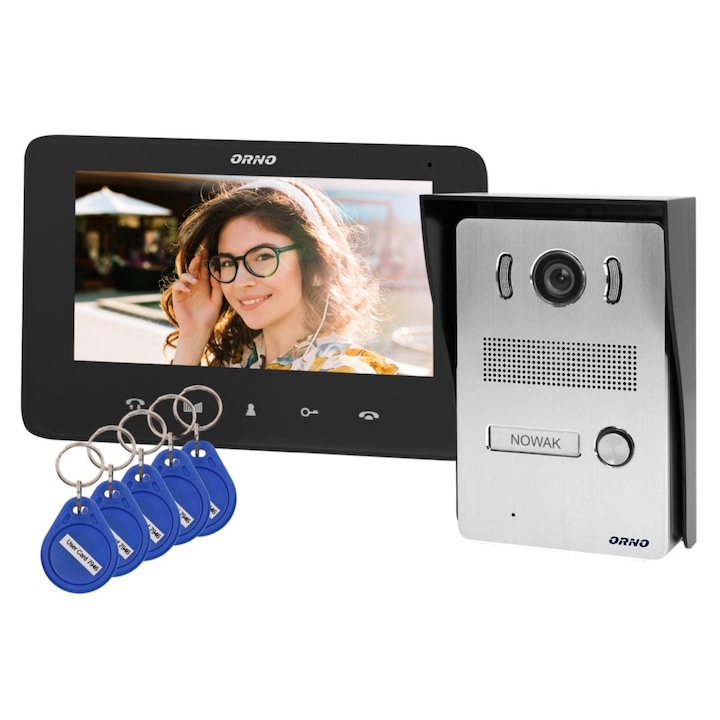 Videointerfon pentru o familie INDI N ORNO OR-VID-VP-1069/B, color, monitor ultra-plat LCD 7", control automat al portilor, 16 sonerii, functie intercom, deschidere cu ajutorul etichetelor de proximitate, negru/gri