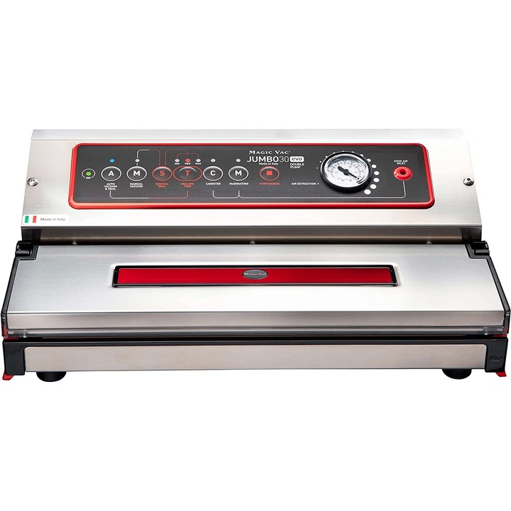 Aparat de vidat Magic Vac, Jumbo 30 Evo, functie complet automata sau manuala, 18 litri/min, putere mare aspirare, pompa dubla, furtun pentru accesorii, cutter si set de pungi incluse, argintiu