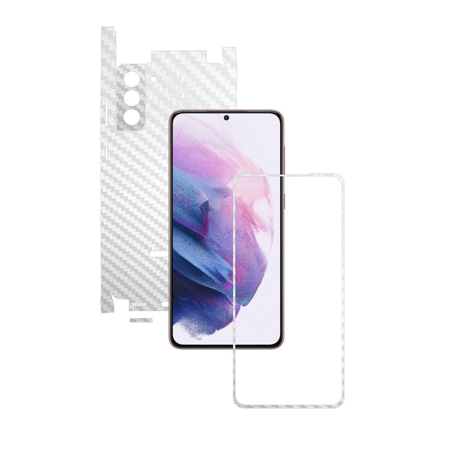 Folie Protectie Carbon Skinz pentru Samsung Galaxy S21+ Plus - Carbon Alb 360 Cut, Skin Adeziv Full Body Cover pentru Rama Ecran, Carcasa Spate si Laterale