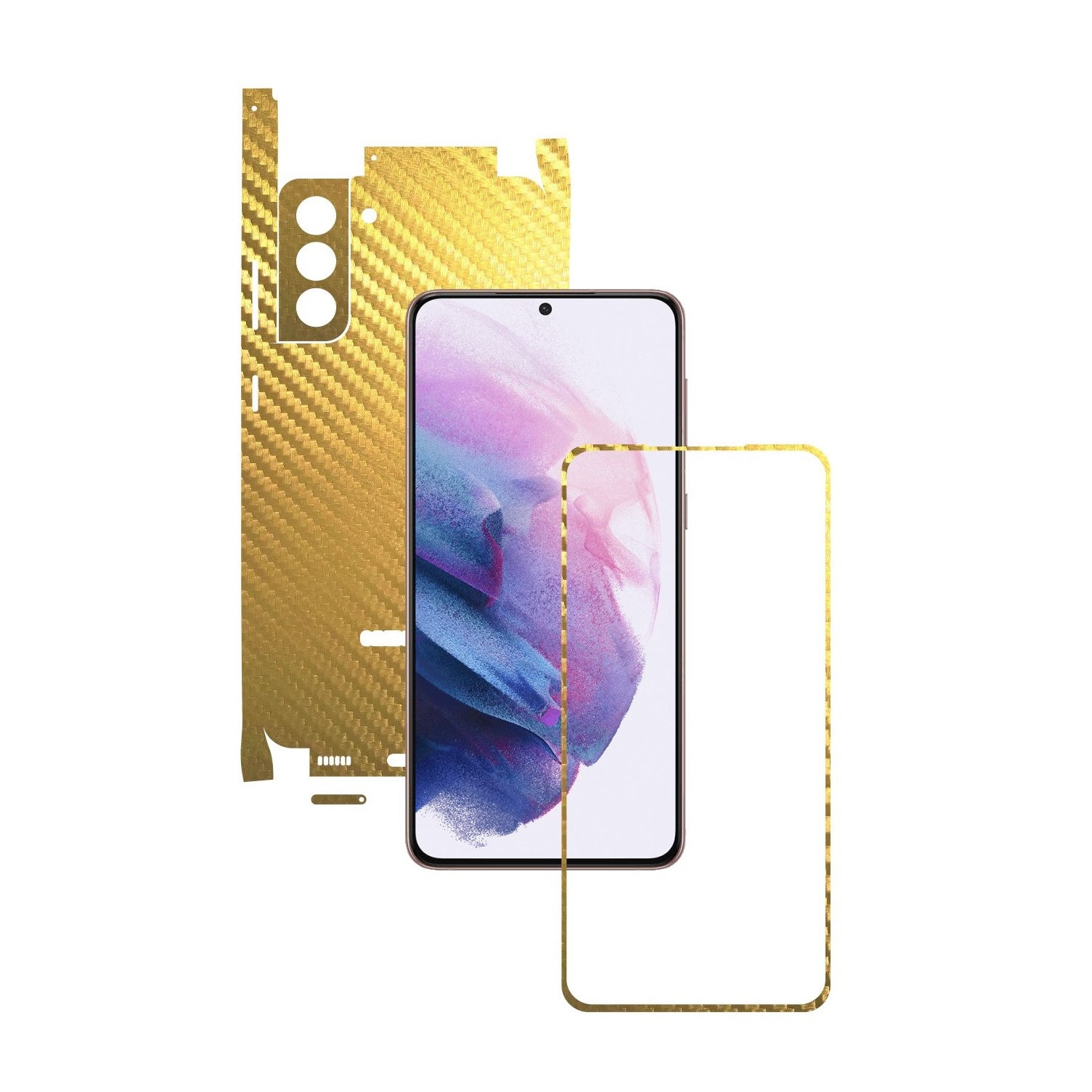 Folie Protectie Carbon Skinz pentru Samsung Galaxy S21+ Plus - Carbon Auriu 360 Cut, Skin Adeziv Full Body Cover pentru Rama Ecran, Carcasa Spate si Laterale