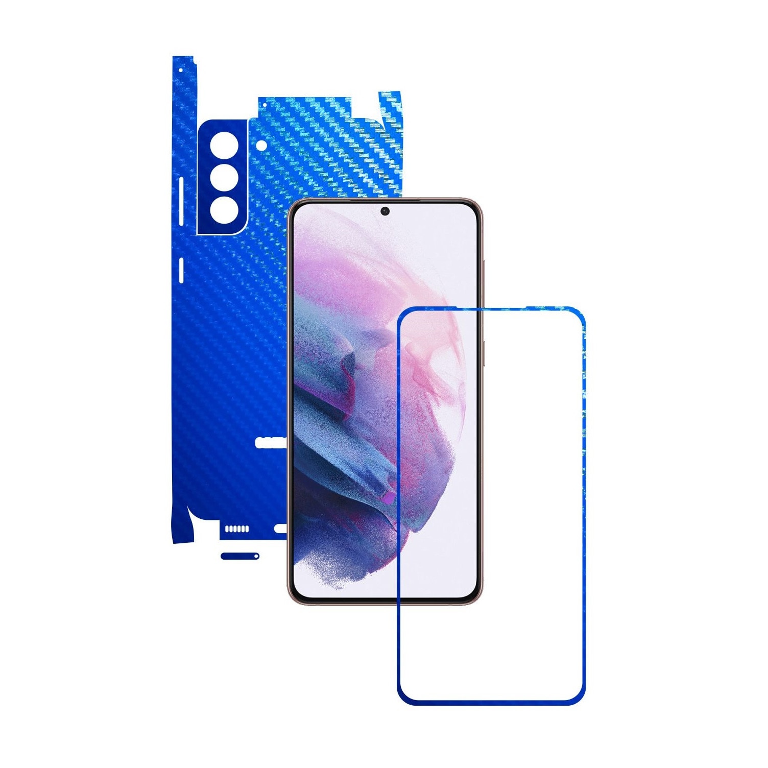 Folie Protectie Carbon Skinz pentru Samsung Galaxy S21+ Plus - Carbon Albastru 360 Cut, Skin Adeziv Full Body Cover pentru Rama Ecran, Carcasa Spate si Laterale
