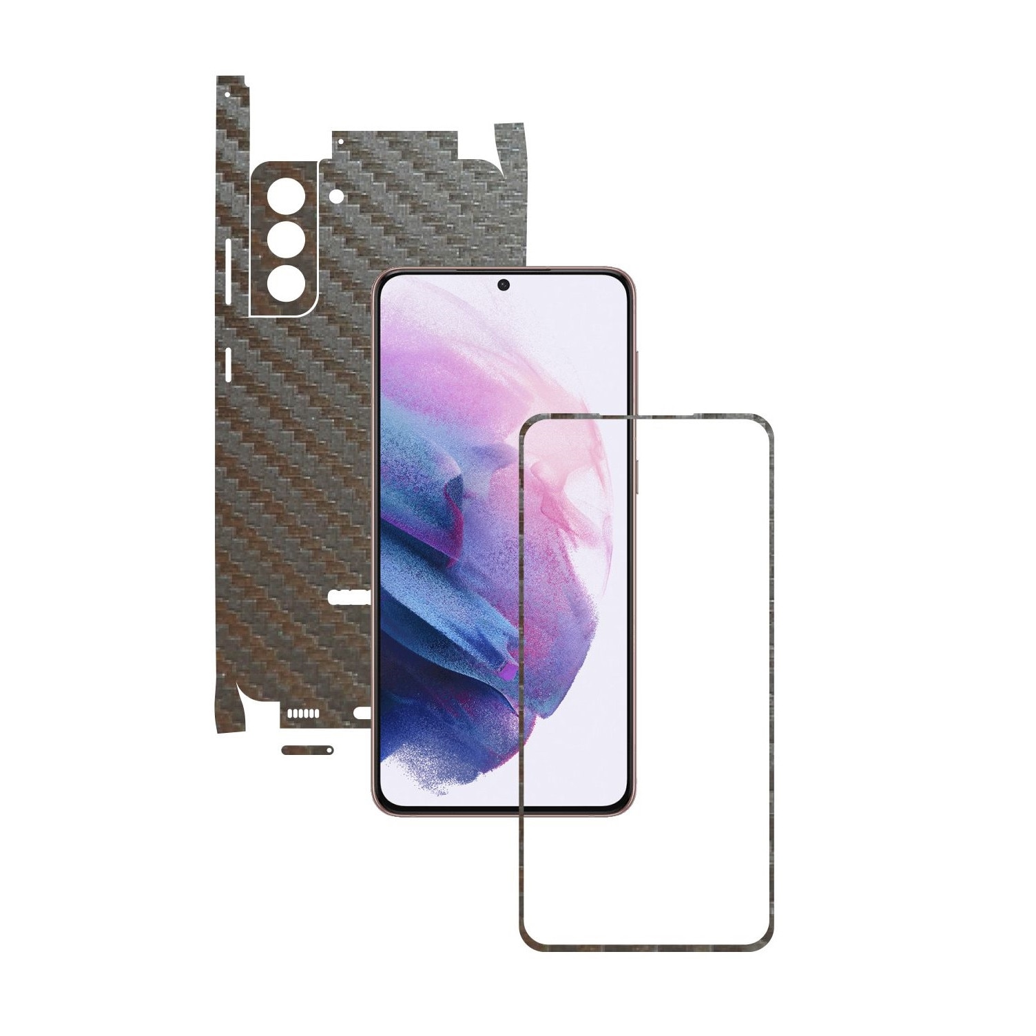 Folie Protectie Carbon Skinz pentru Samsung Galaxy S21+ Plus - Carbon Gri Argintiu 360 Cut, Skin Adeziv Full Body Cover pentru Rama Ecran, Carcasa Spate si Laterale