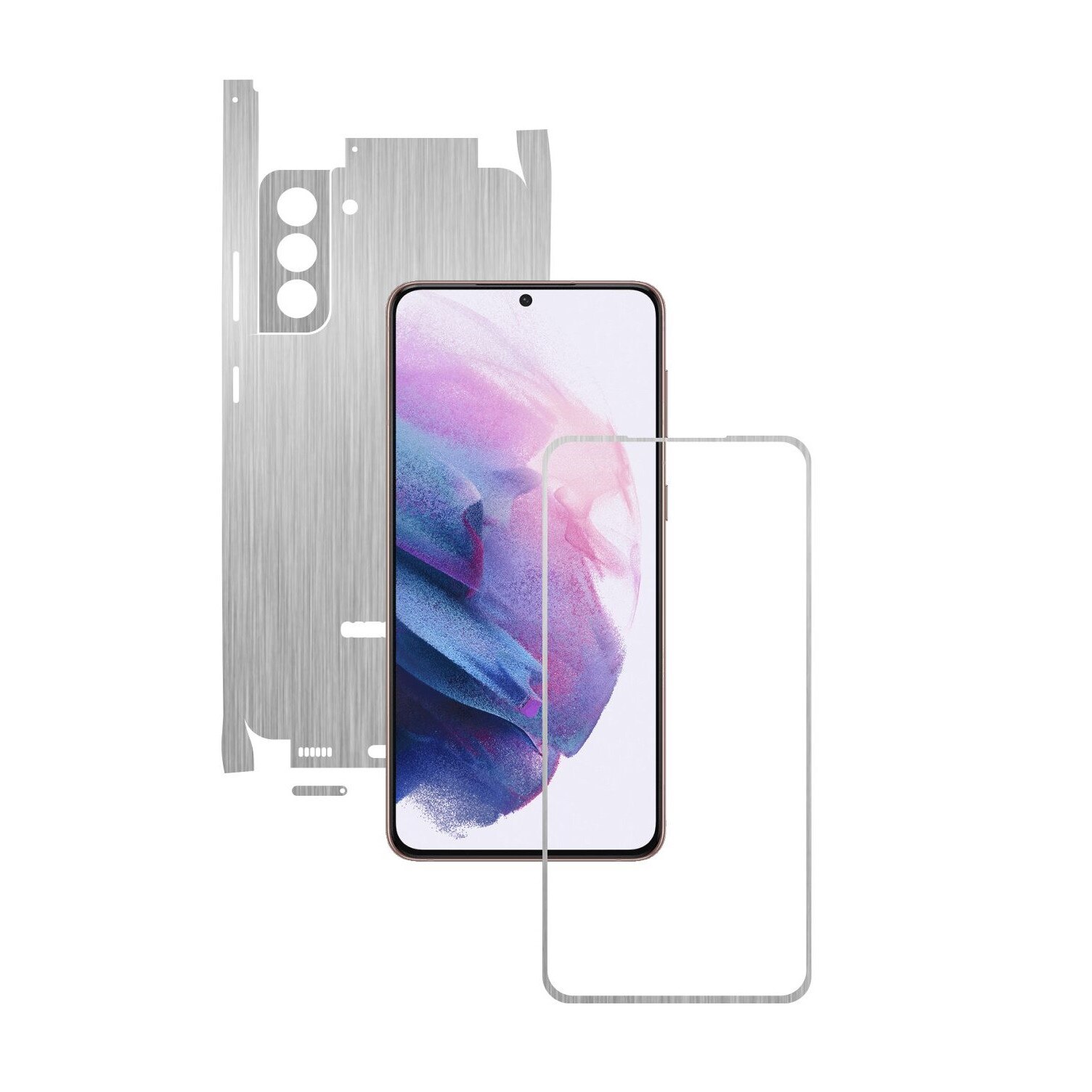 Folie Protectie Carbon Skinz pentru Samsung Galaxy S21 - Brushed Argintiu 360 Cut, Skin Adeziv Full Body Cover pentru Rama Ecran, Carcasa Spate si Laterale