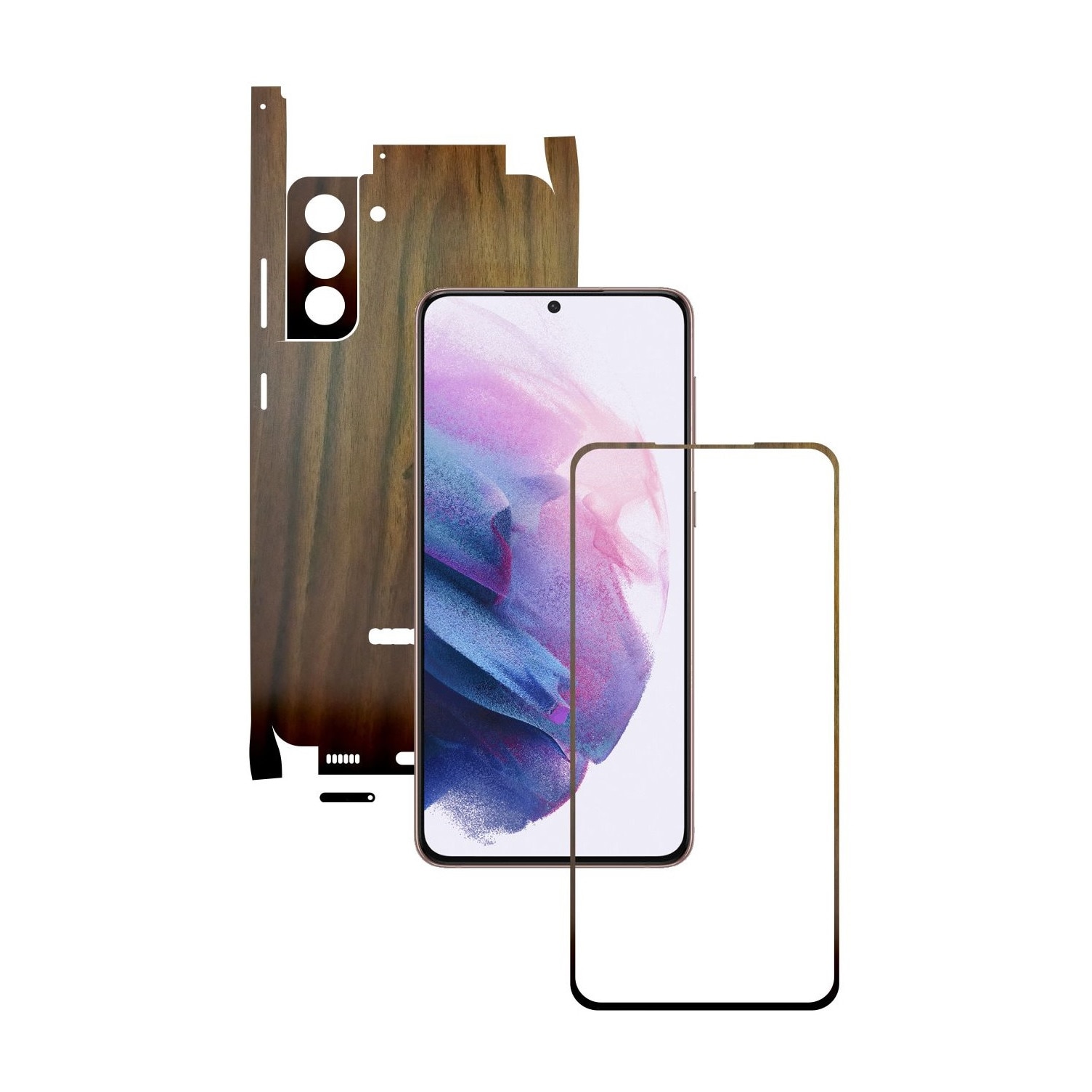 Folie Protectie Carbon Skinz pentru Samsung Galaxy S21 - Lemn Nuc 360 Cut, Skin Adeziv Full Body Cover pentru Rama Ecran, Carcasa Spate si Laterale
