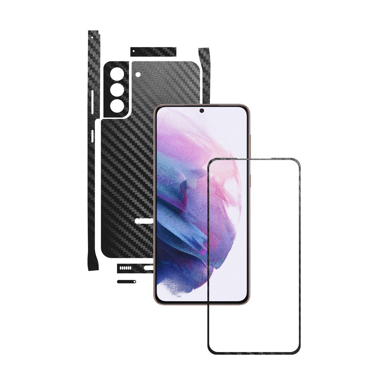 Folie Protectie Carbon Skinz pentru Samsung Galaxy S21+ Plus - Carbon Negru Split Cut, Skin Adeziv Full Body Cover pentru Rama Ecran, Carcasa Spate si Laterale