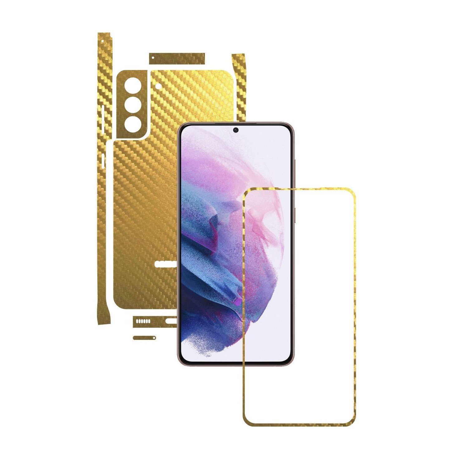 Folie Protectie Carbon Skinz pentru Samsung Galaxy S21 - Carbon Auriu Split Cut, Skin Adeziv Full Body Cover pentru Rama Ecran, Carcasa Spate si Laterale