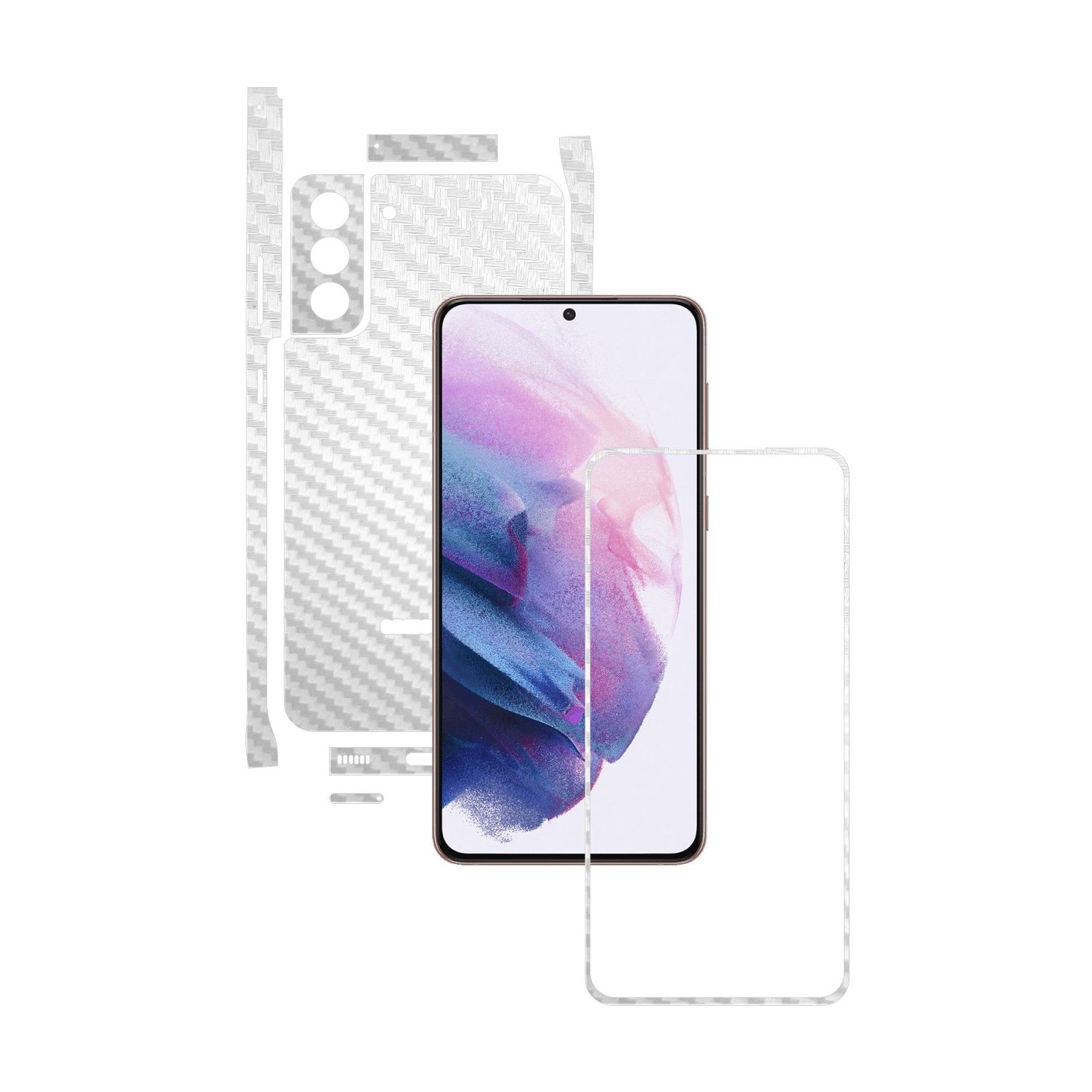 Folie Protectie Carbon Skinz pentru Samsung Galaxy S21 - Carbon Alb Split Cut, Skin Adeziv Full Body Cover pentru Rama Ecran, Carcasa Spate si Laterale