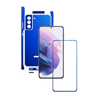 Folie Protectie Carbon Skinz pentru Samsung Galaxy S21 - Carbon Albastru Split Cut, Skin Adeziv Full Body Cover pentru Rama Ecran, Carcasa Spate si Laterale