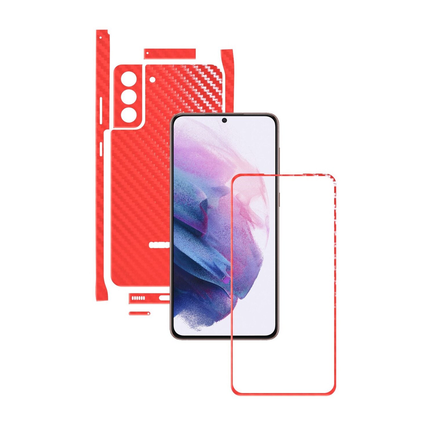 Folie Protectie Carbon Skinz pentru Samsung Galaxy S21 - Carbon Rosu Split Cut, Skin Adeziv Full Body Cover pentru Rama Ecran, Carcasa Spate si Laterale