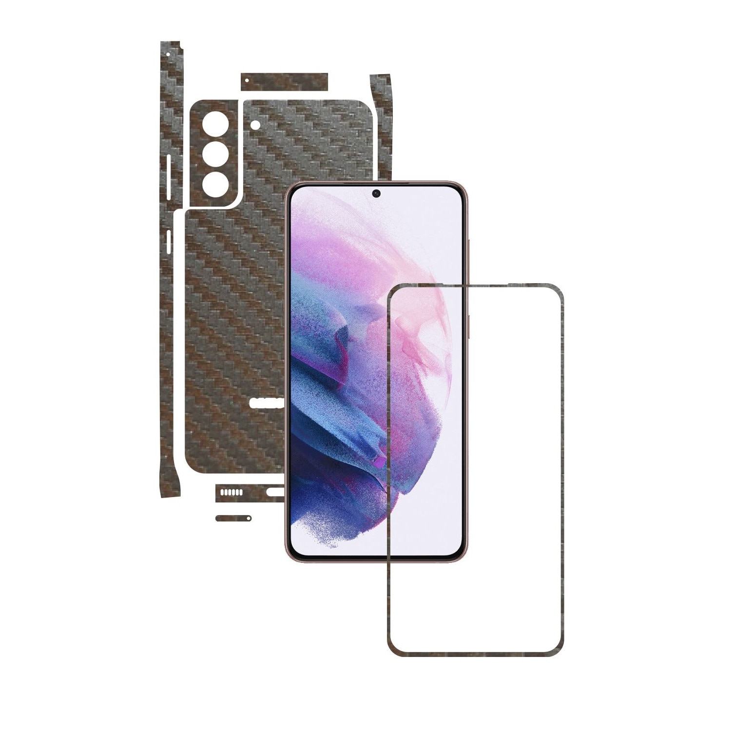 Folie Protectie Carbon Skinz pentru Samsung Galaxy S21+ Plus - Carbon Gri Argintiu Split Cut, Skin Adeziv Full Body Cover pentru Rama Ecran, Carcasa Spate si Laterale