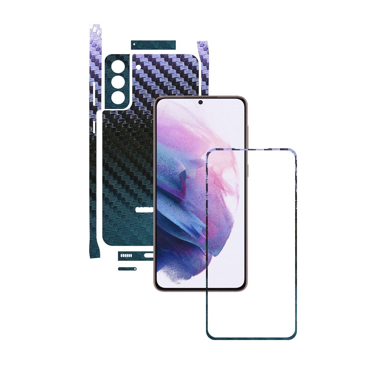 Folie Protectie Carbon Skinz pentru Samsung Galaxy S21 - Carbon Cameleon Split Cut, Skin Adeziv Full Body Cover pentru Rama Ecran, Carcasa Spate si Laterale