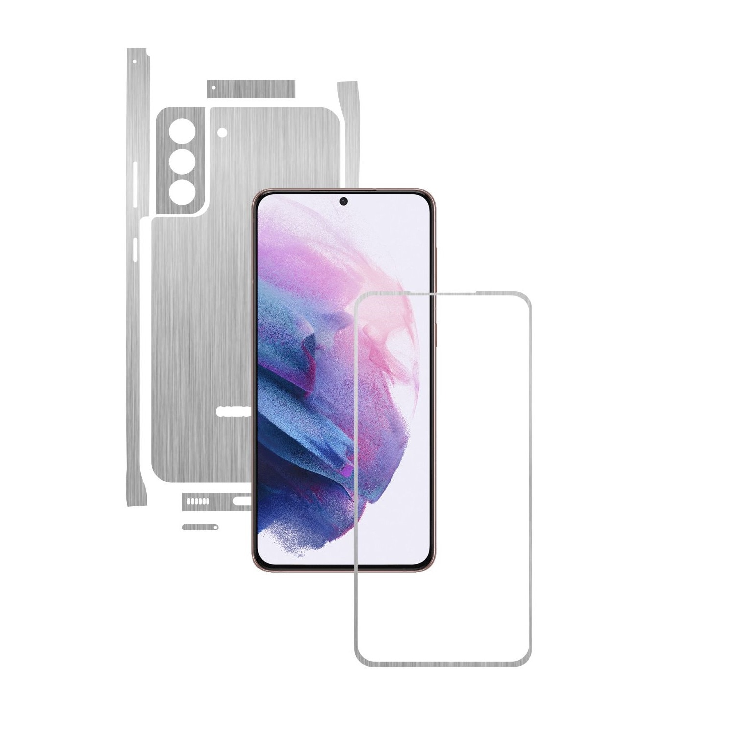 Folie Protectie Carbon Skinz pentru Samsung Galaxy S21+ Plus - Brushed Argintiu Split Cut, Skin Adeziv Full Body Cover pentru Rama Ecran, Carcasa Spate si Laterale