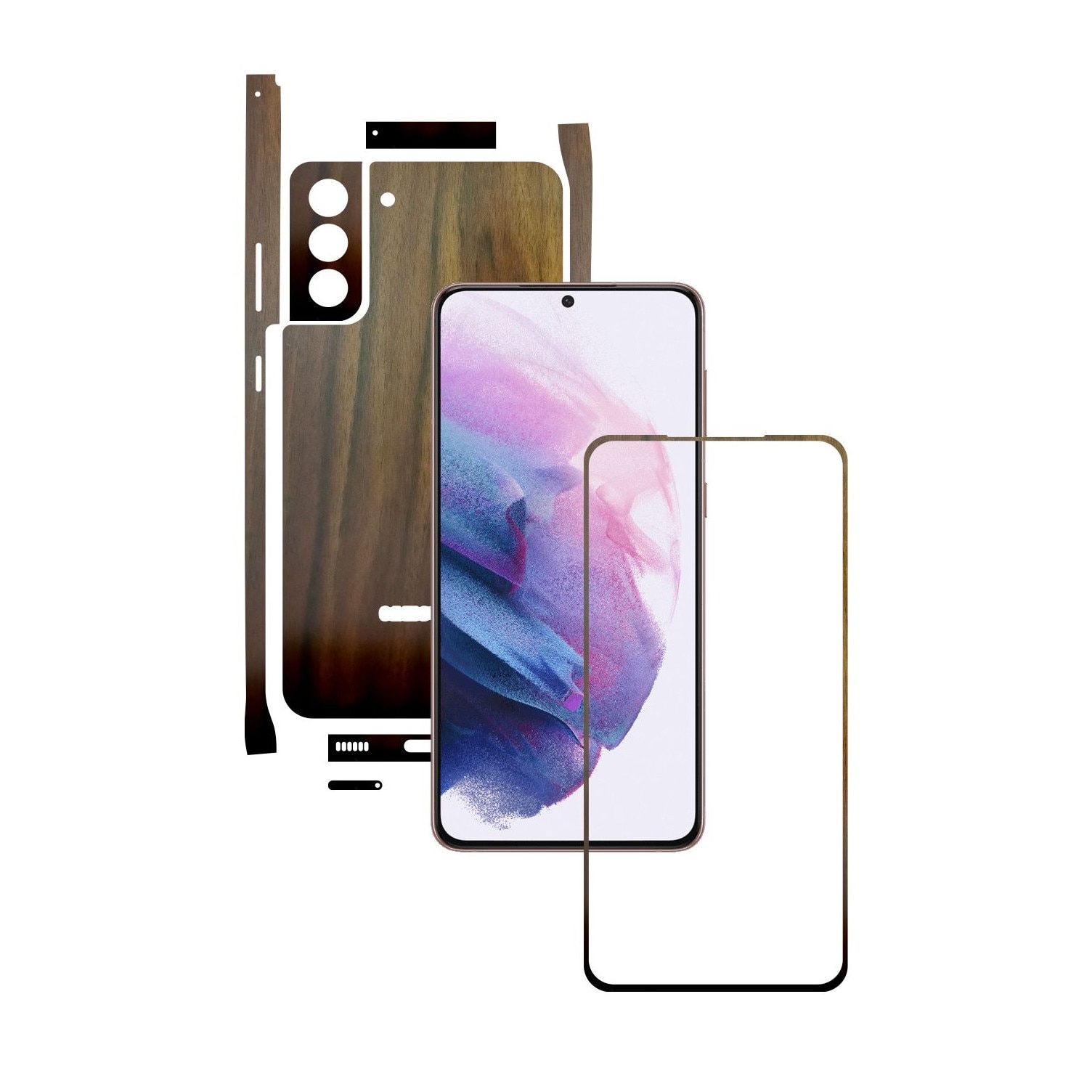 Folie Protectie Carbon Skinz pentru Samsung Galaxy S21+ Plus - Lemn Nuc Split Cut, Skin Adeziv Full Body Cover pentru Rama Ecran, Carcasa Spate si Laterale