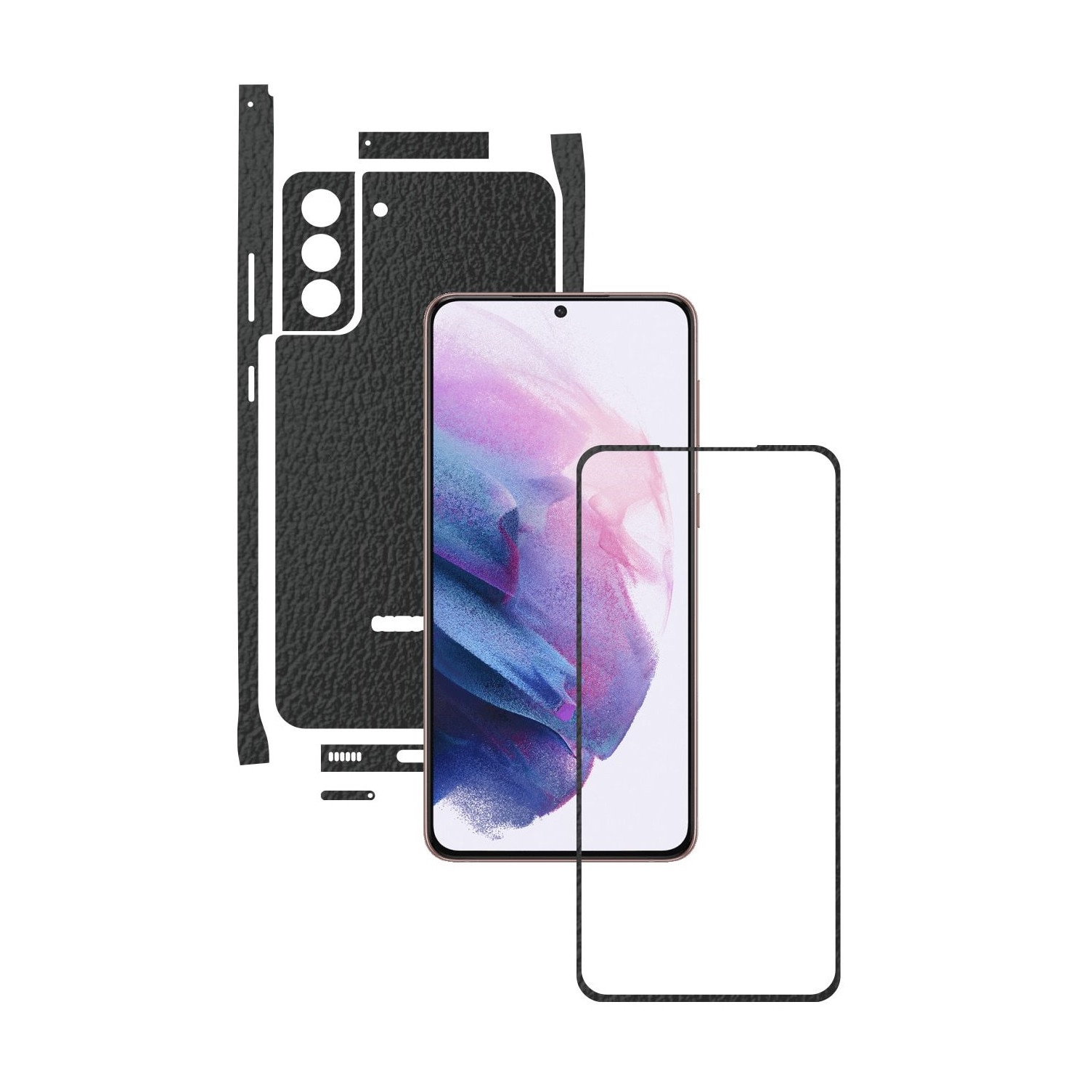 Folie Protectie Carbon Skinz pentru Samsung Galaxy S21 - Piele Neagra Split Cut, Skin Adeziv Full Body Cover pentru Rama Ecran, Carcasa Spate si Laterale