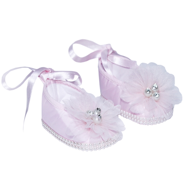 Pantofiori roz cu floricica si bareta pentru botez, REC852, 1-3 luni