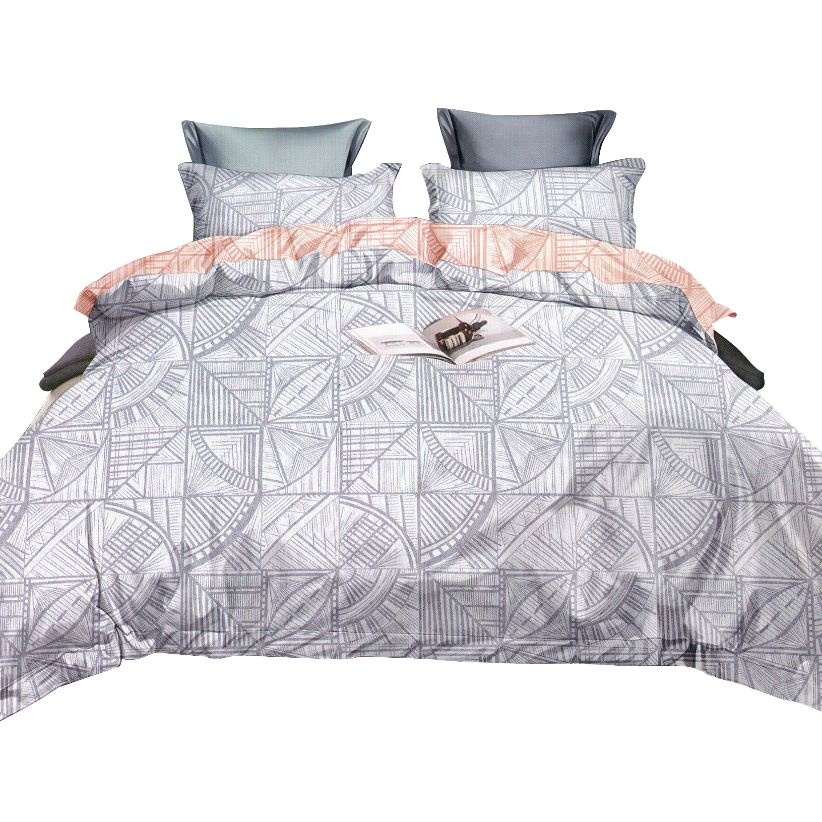 Lenjerie de pat Rosa Double Premium 04 , 4 piese, pat dublu, 100% microfibra , tip inchidere capse, culoare gri pastel, model vitralii