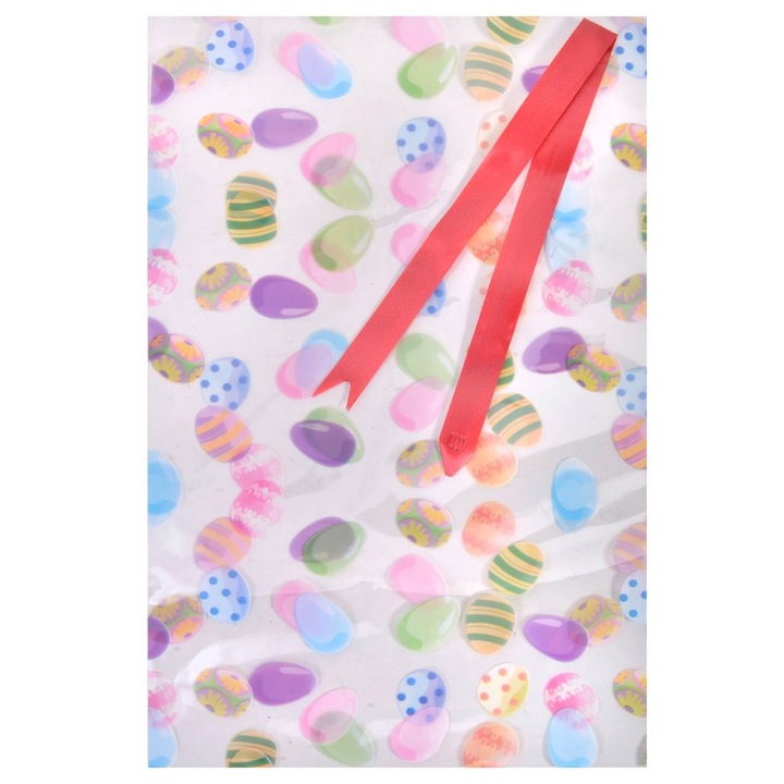 Set 2 pungi pentru ambalare cadouri Shopiens®, transparente cu model oua vopsite si panglica, 24 x 40 cm