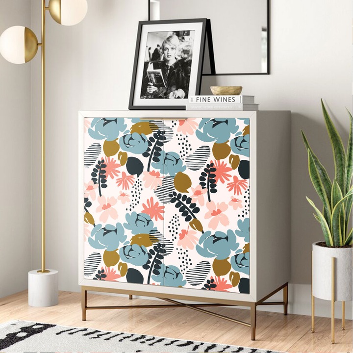 Autocolant Art Factory pentru mobilier, Flori si frunze din linii si puncte pe fundal alb, autoadeziv, latime 70 cm x lungime 100 cm