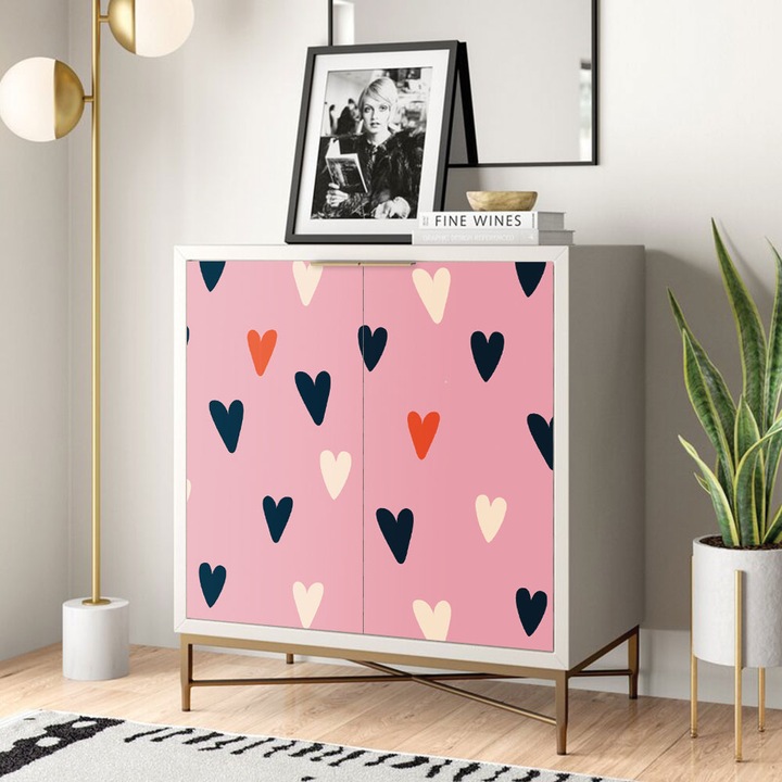 Autocolant Art Factory pentru mobilier, Inimioare negre pe fundal roz, autoadeziv, latime 50 cm x lungime 200 cm