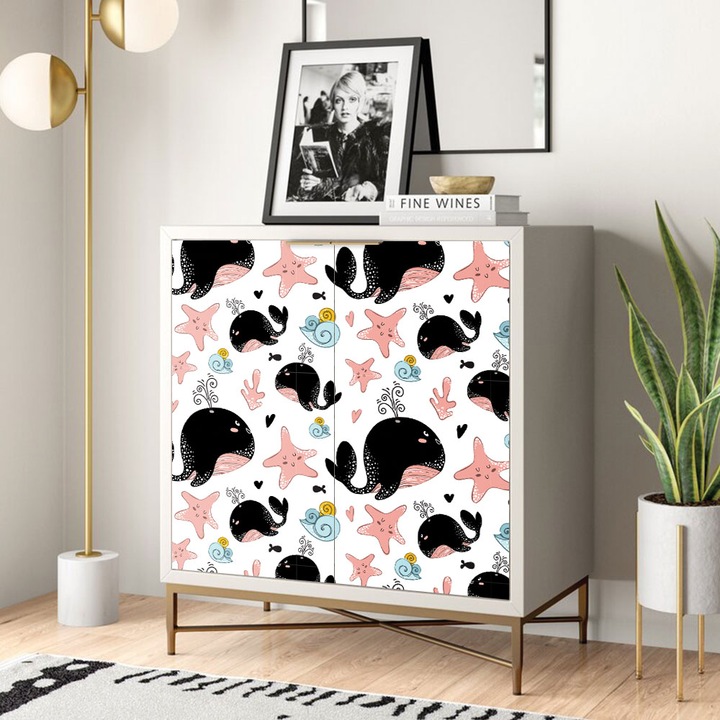 Autocolant Art Factory pentru mobilier, Balena neagra cu steluta de mare roz, autoadeziv, latime 50 cm x lungime 70 cm