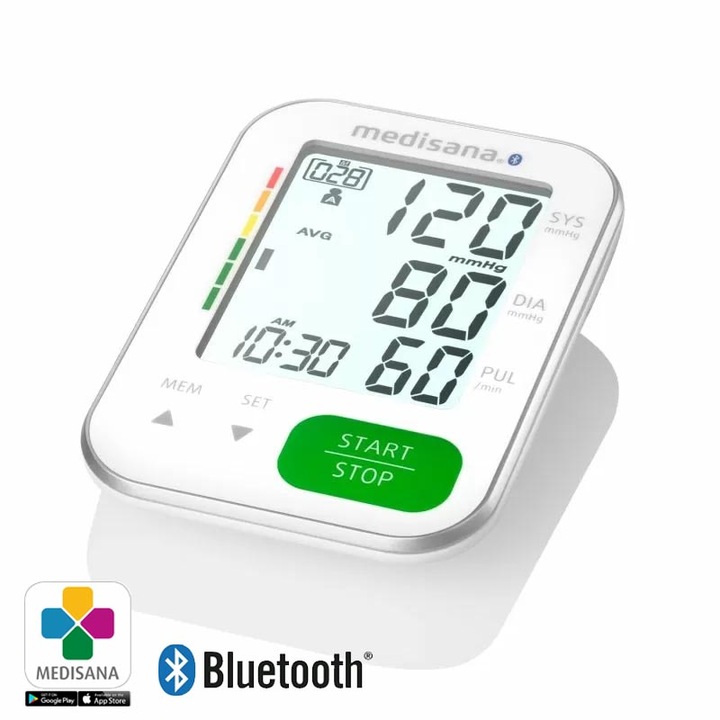 Апарат за измерване на кръвно налягане Medisana BU 570 connect, Bluetooth, Маншет: 22-42 см, Ултра тънък дизайн, Памет: 2 x 120 измервания, LCD дисплей, За над лакът, Бял
