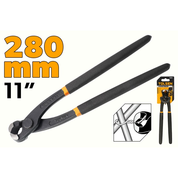 Cleste rabitz TOLSEN 280 mm, Industrial, otel forjat cu finisaj negru, maner inclinat pentru utilizare confortabila, ideal pentru impletit si taiat sarma, pentru plasa rabitz si ochiuri metalice, otel forjat cu finisaj negru anticoroziv