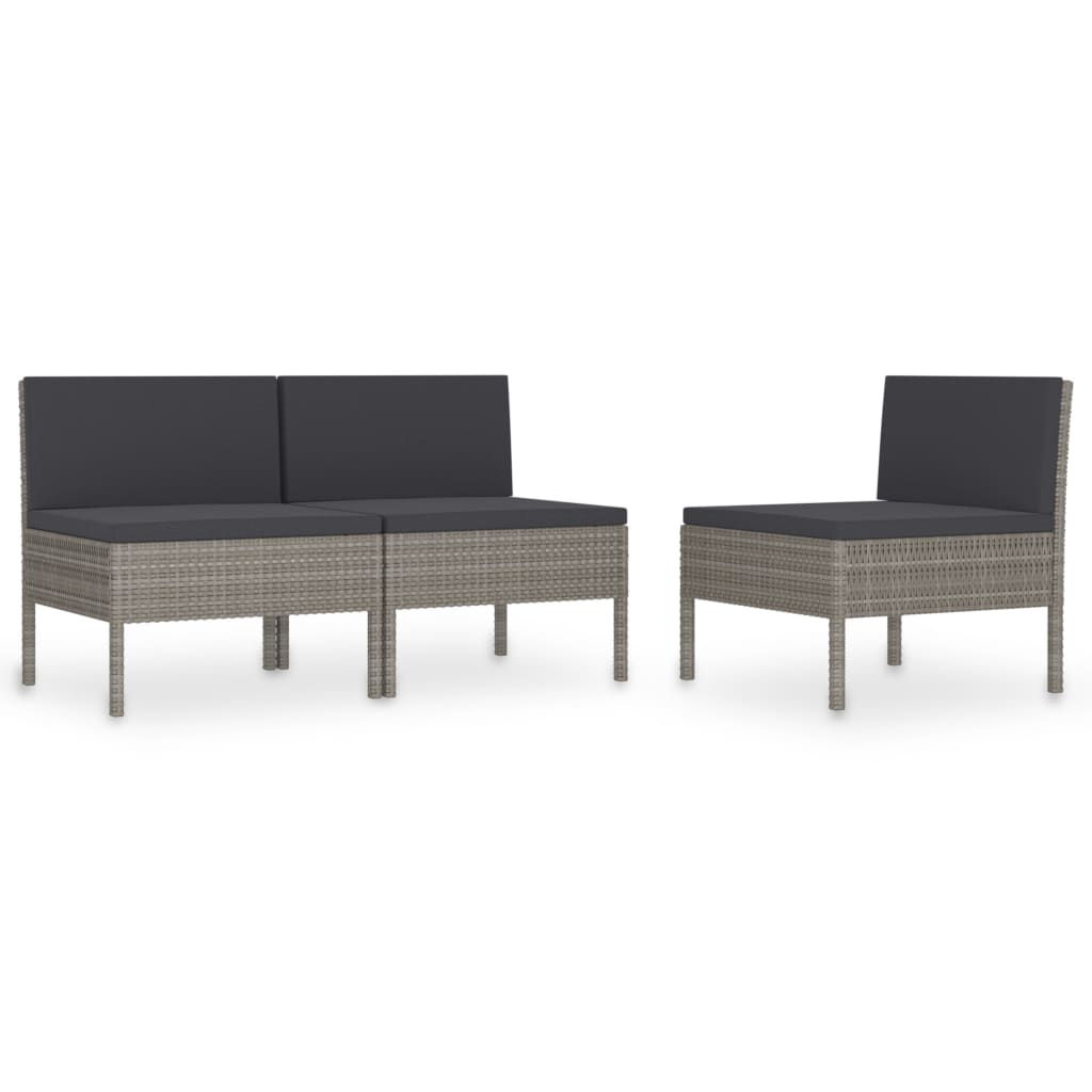 Scaun gradina cu perne gri din 3 piese, vidaXL, Poliratan, 57 x 69 x 69 cm, Gri