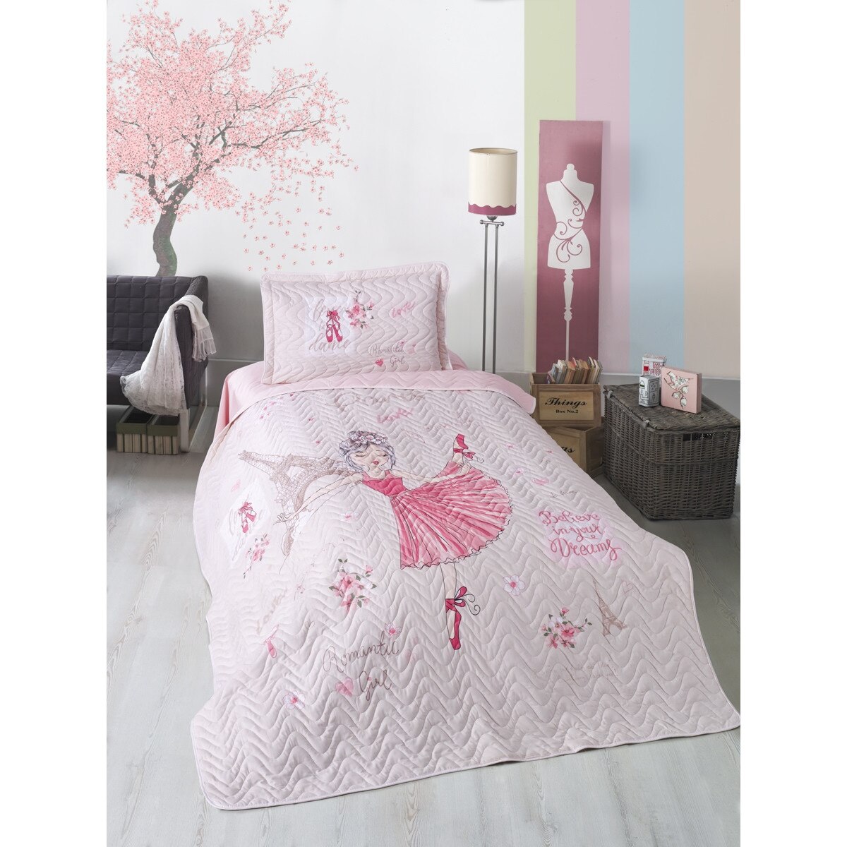 Set cuvertura matlasata 160 x 220 cm + 1 fata perna, bumbac 100%, 2 piese, Clasy Home, Romantic Girl