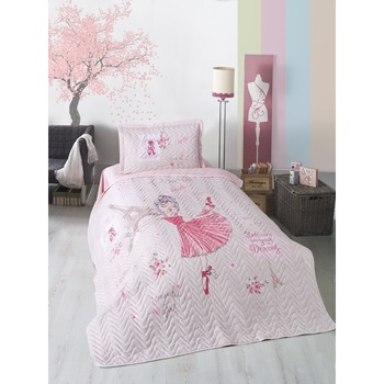 Set cuvertura matlasata 160 x 220 cm + 1 fata perna, bumbac 100%, 2 piese, Clasy Home, Romantic Girl Set cuvertura matlasata 160 x 220 cm + 1 fata perna, bumbac 100%, 2 piese, Clasy Home, Romantic Girl