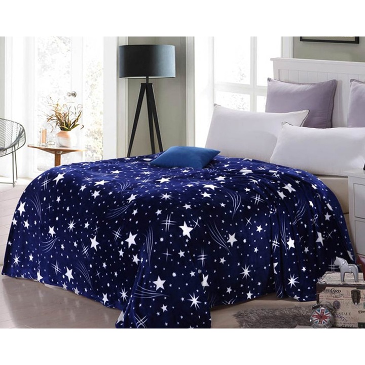 Patura cocolino pat dublu Star fleece cu stelute albastru/alb, 200x230cm