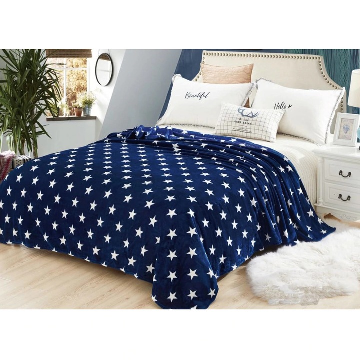 Patura cocolino pat dublu Star fleece cu stelute bleumarin/alb, 200x230cm