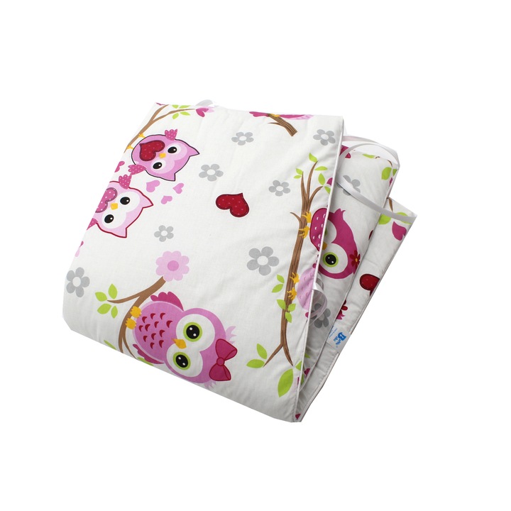 Set Protectie Patut,Bumbac, Set 2 buc x Aparatori laterale, Bufnita Roz, 180x35 cm