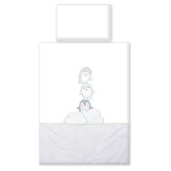 Set lenjerie din bumbac, 3 piese cu protectie laterala pentru pat bebe 120 x 60 cm, Pinguin, Alb Set lenjerie din bumbac, 3 piese cu protectie laterala pentru pat bebe 120 x 60 cm, Pinguin, Alb