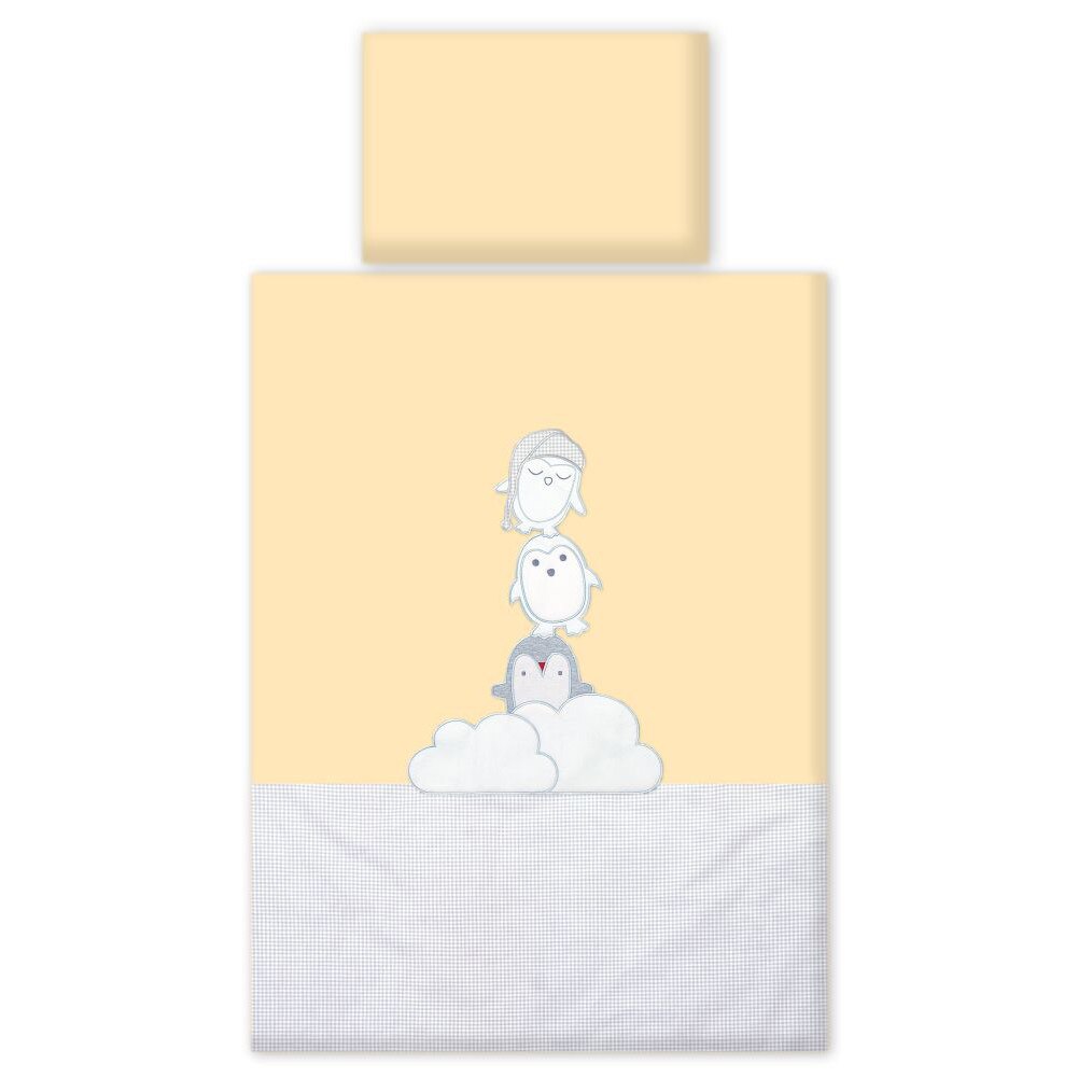 Set lenjerie din bumbac, 3 piese cu protectie laterala pentru pat bebe 120 x 60 cm, Pinguin, Galben