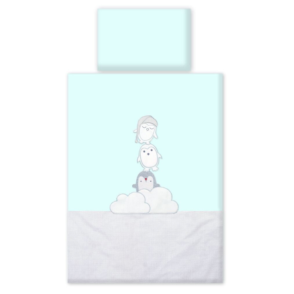 Set lenjerie din bumbac, 3 piese cu protectie laterala pentru pat bebe 120 x 60 cm, Pinguin, Mint