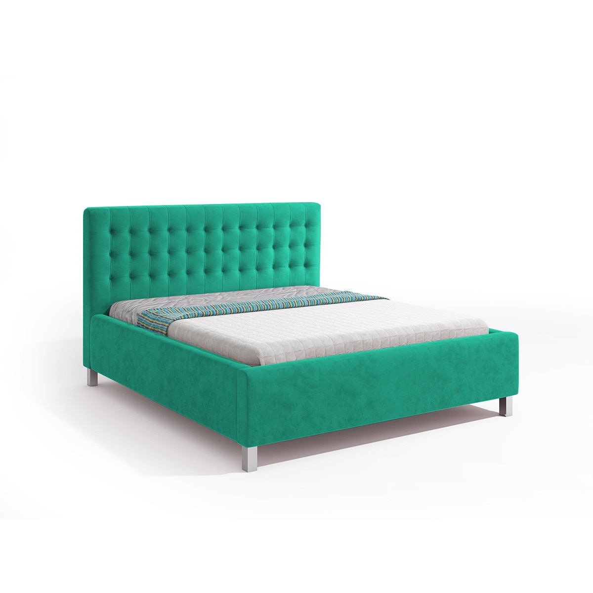 Pat tapitat Iris Verde smarald, MobAmbient, cu tablie inalta, somiera metalica rabatabila, lada de depozitare, pentru saltea 160 x 200 cm