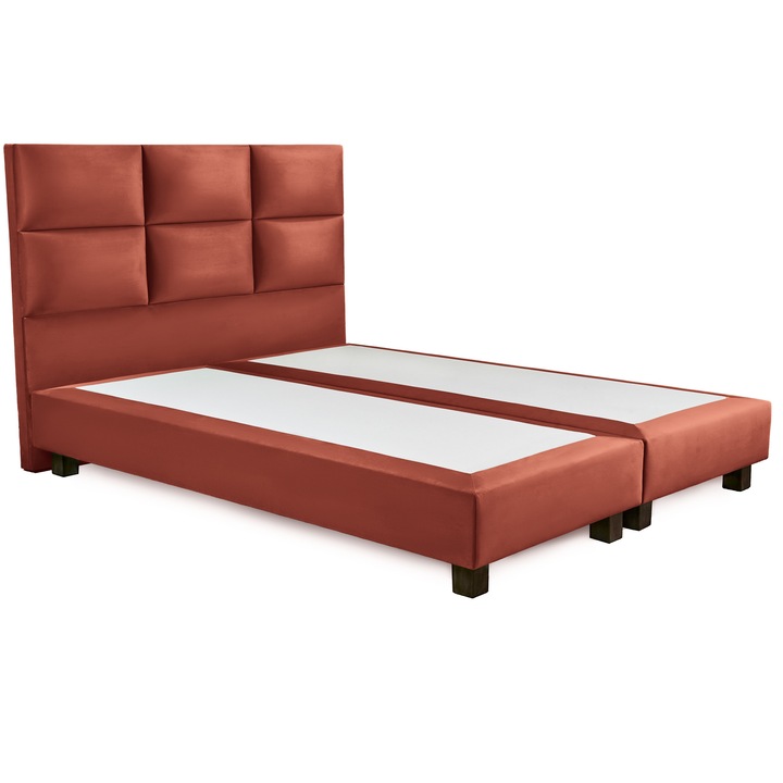 Pat dublu tapitat boxspring Multisquares, lemn masiv, maro aramiu, 140x200 cm