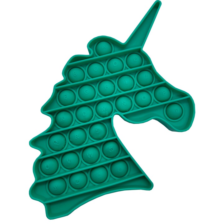 Jucarie senzoriala originala Undercover din silicon Push Pop Bubble cu alfabet 26 litere, Unicorn Verde