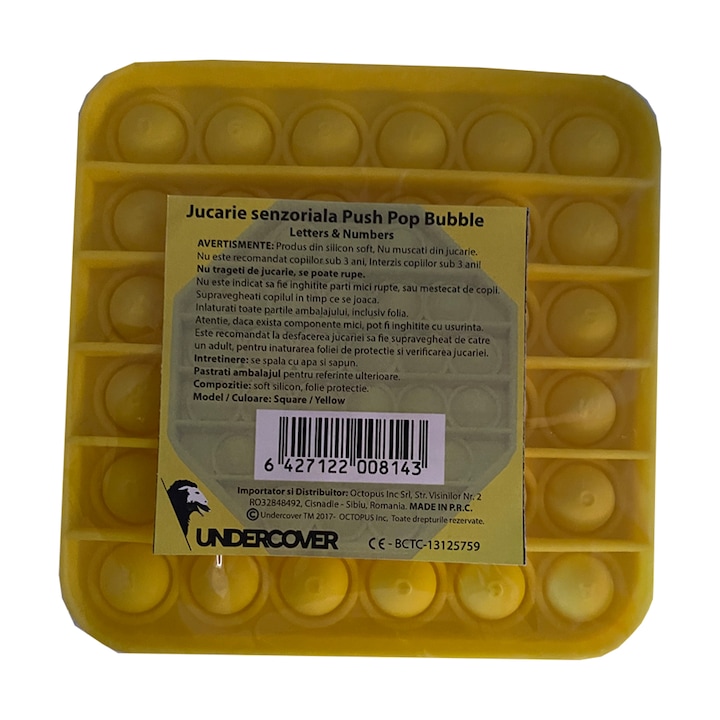 Jucarie senzoriala originala Undercover din silicon Push Pop Bubble cu alfabet 26 litere, Patrata Galbena