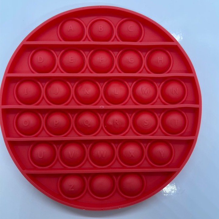 Jucarie senzoriala originala Undercover din silicon Push Pop Bubble cu alfabet 26 litere, forma rotunda, rosie